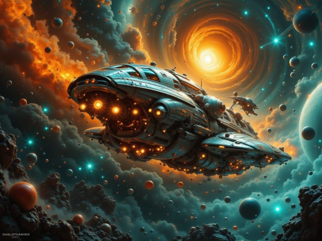 Starship Expedition to Andromeda in Vintage Futurism Style