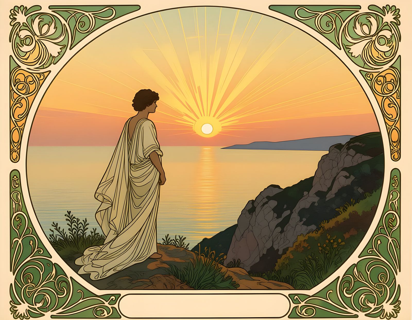 Contemplative Sunrise: Alphonse Mucha Inspired Seascape