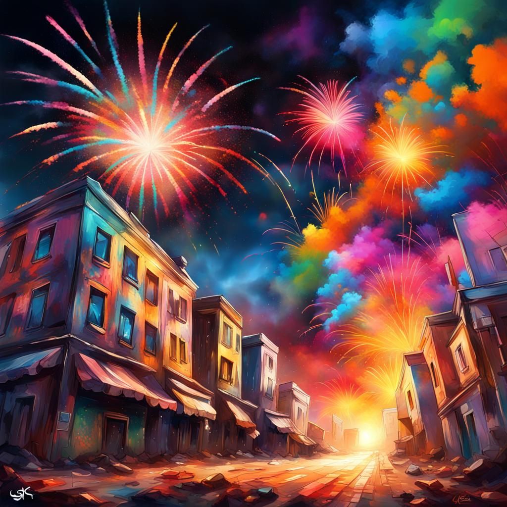 Fireworks Countdown in Graffiti Street Art Style