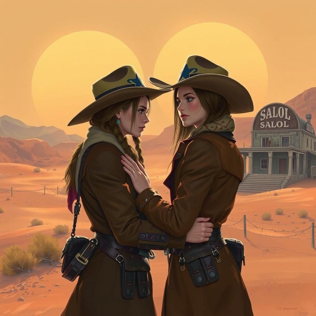 Cowgirls Embrace Under Alien Suns in Retro-Futuristic Art