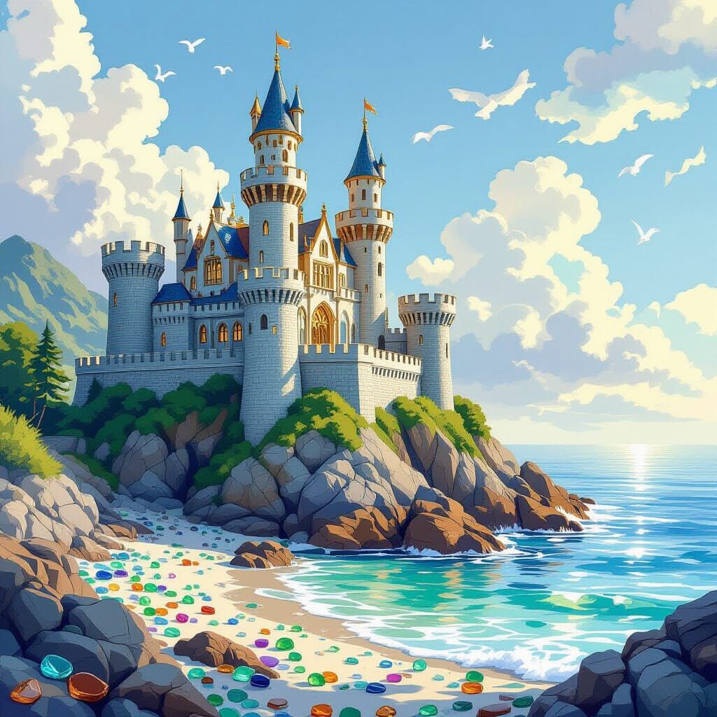 Sea Glass Castle on Cliff Top, Painterly Storybook Style