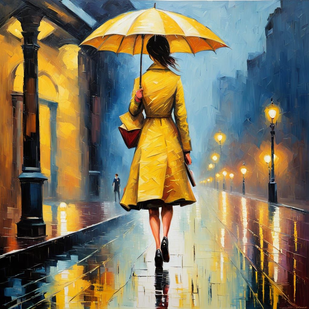 Woman Under Yellow Rainy Skies in Neo-Expressionist Style