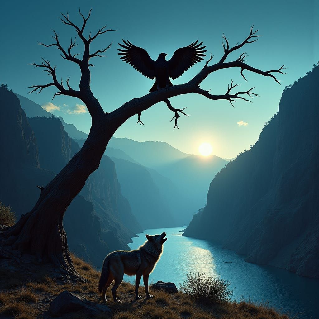 Canyon Dusk: Eagle, Wolf, and Ancient Stone