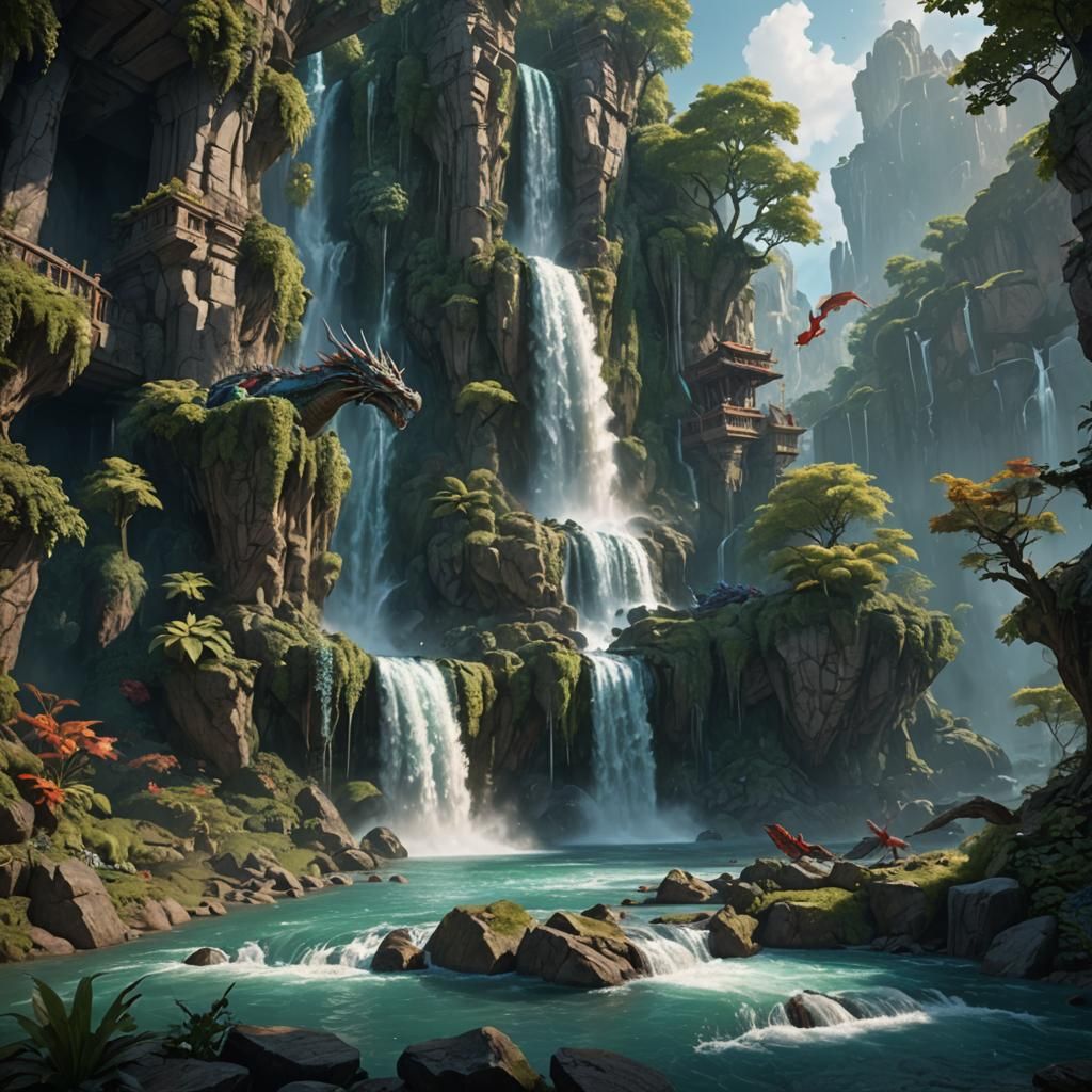 Dragons Lounging by Mystical Waterfall: Fantasy Concept Art