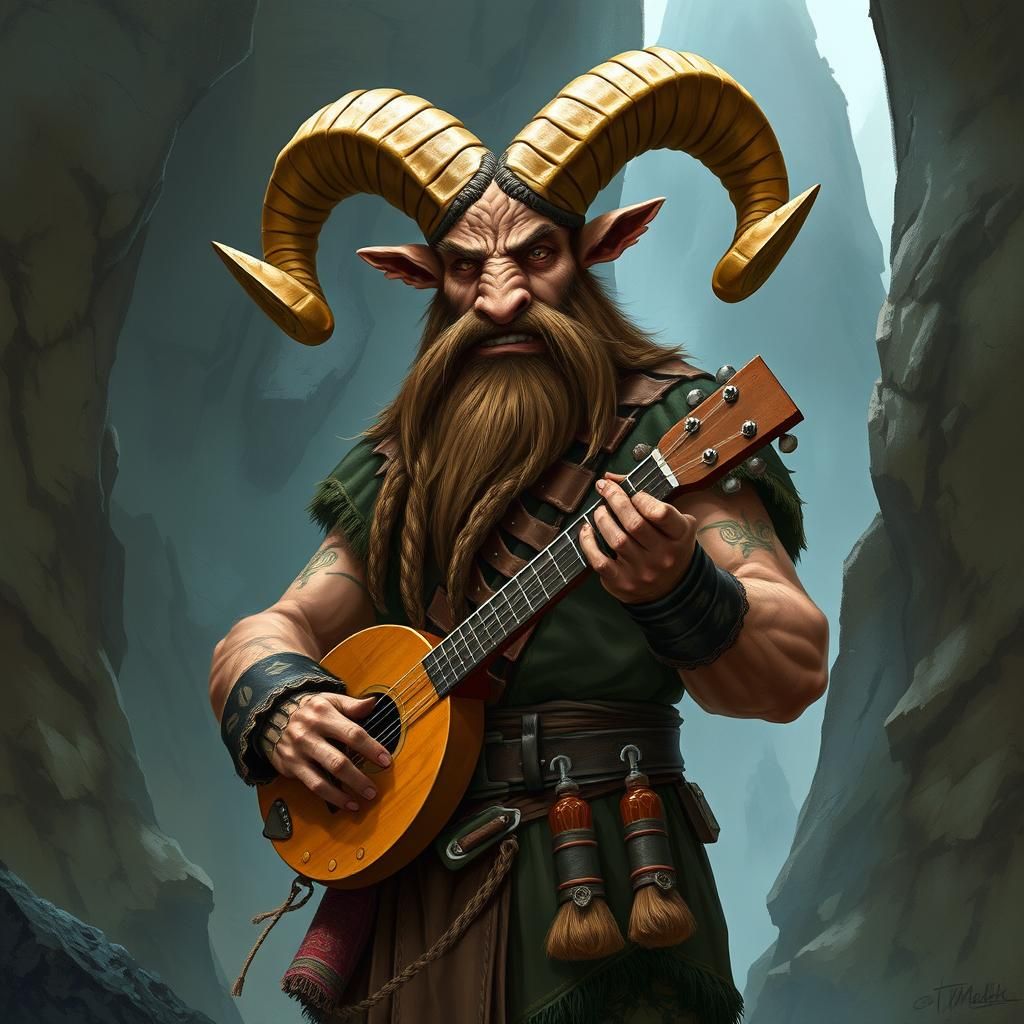 Epic Dwarf-Goat Bard with Lute in Misty Forest