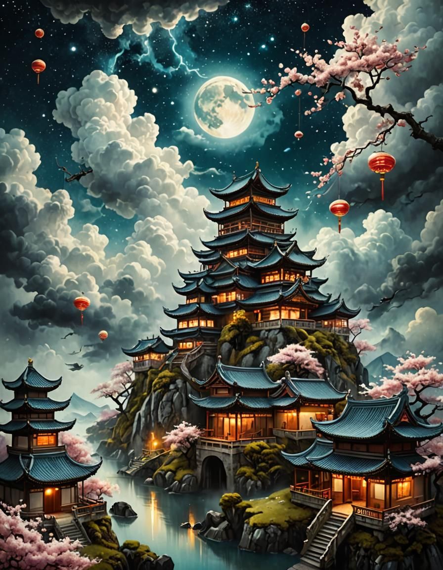 Surreal Chinese Village in Clouds, by Van Gogh