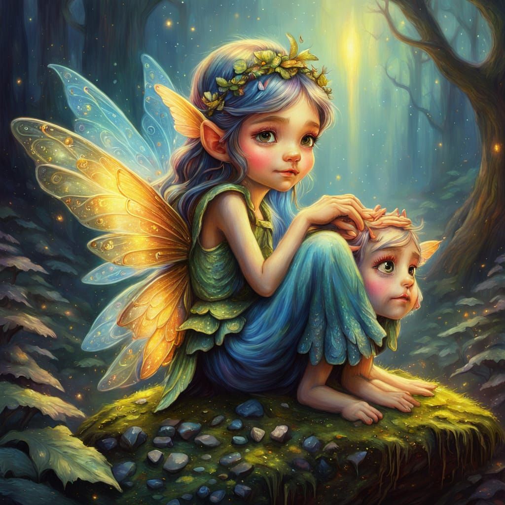 Fairy on Gnome Shoulder in Vibrant Oil Painting