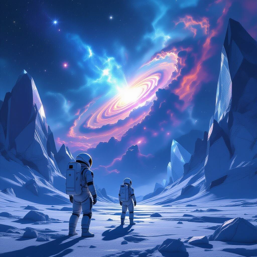 Astronaut on Crystal Planet Under Nebula Sky