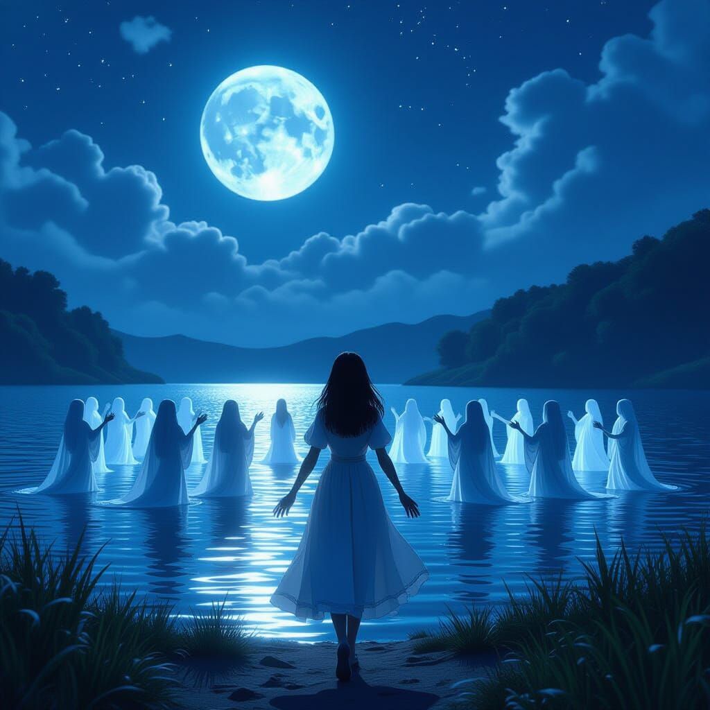 Ethereal Lake Choir Beckons Woman in 3D Anime Style