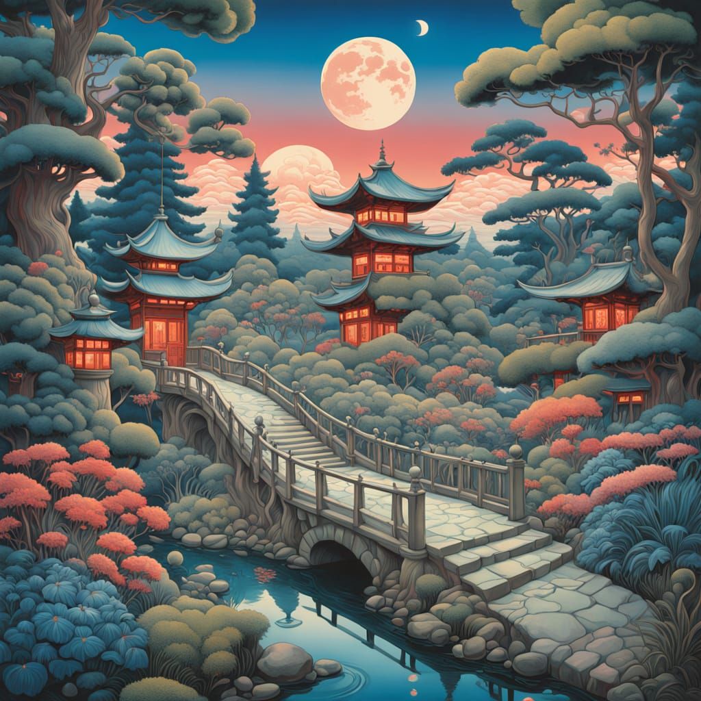 Japanese Garden Radiant under Iridescent Moonlight