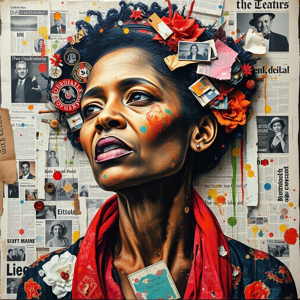 Woman in Vibrant Mixed-Media Collage