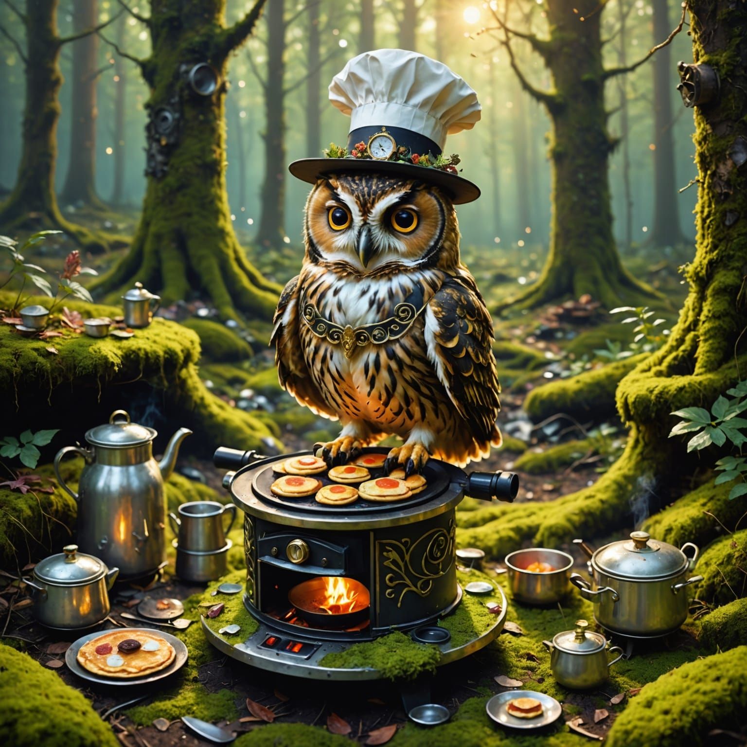 Whimsical Owl Chef Cooks Pancakes in Magical Forest