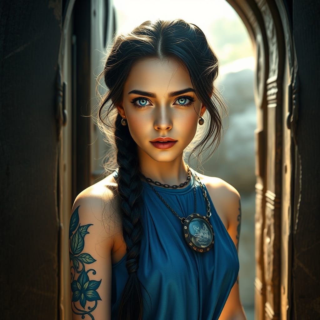 Mystical Beauty with Roots and Leaves Tattoos in Elegant Blu...