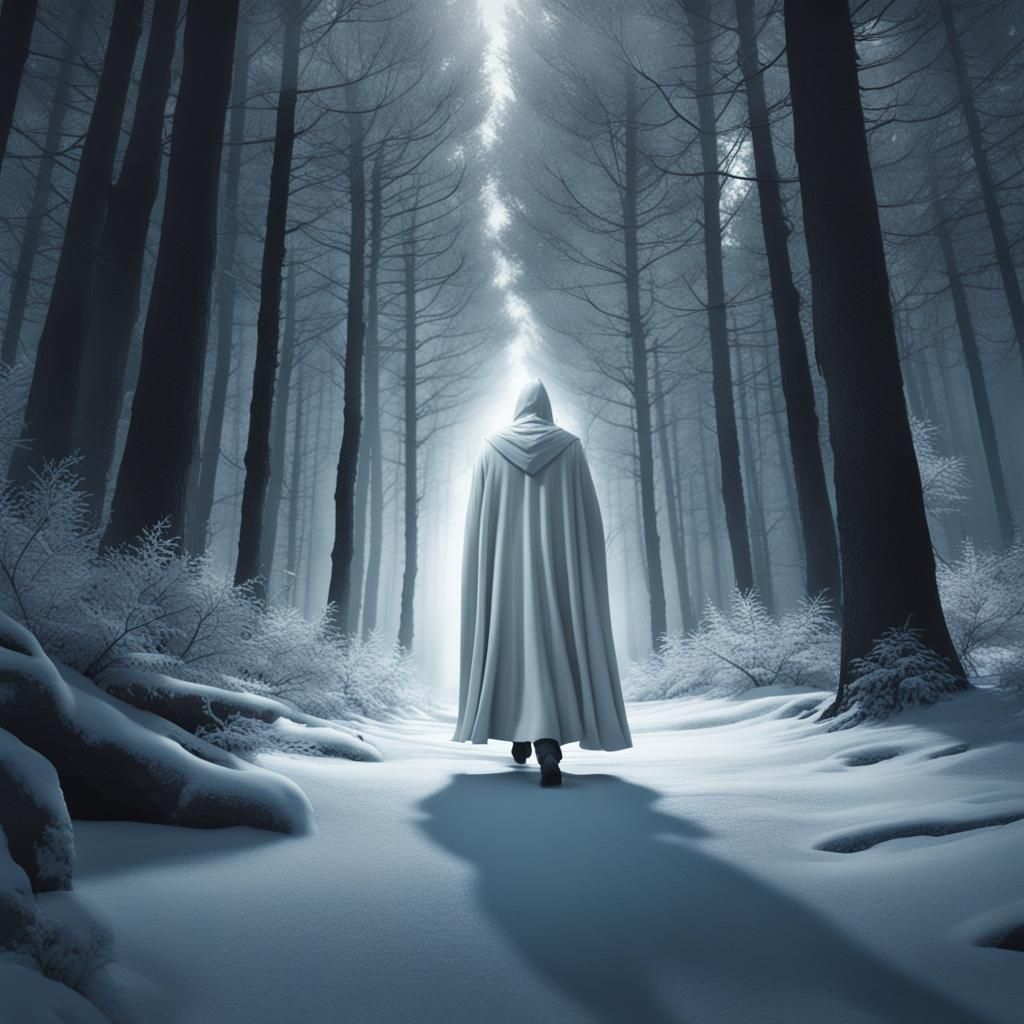 Man in White Cloak Walks in Frosty Forest