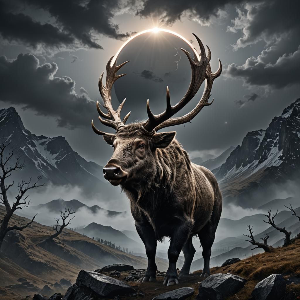 Mythical Boar Under Solar Eclipse in Dark Fantasy