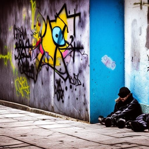 Portugal Streetscape with Graffiti and Neon Lights