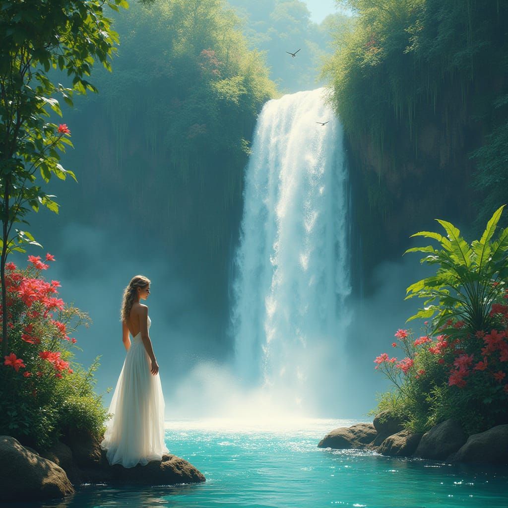 Ethereal Woman at Breathtaking Waterfall in Vibrant Tropical...
