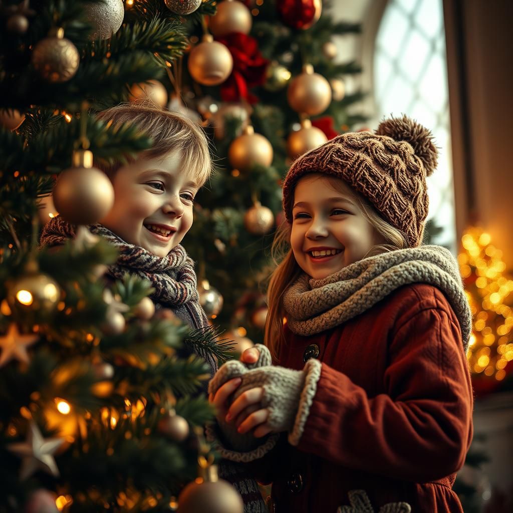 Children Decorating Christmas Tree in Woodcut Style