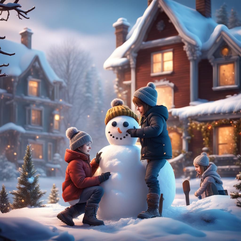 Tweens Building Snowman: Detailed Matte Painting