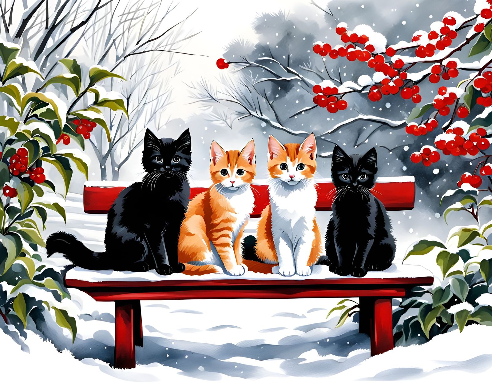 Kittens in Winter Garden, Chinese Ink Painting