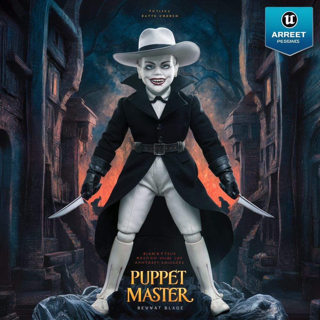 Poster for "Puppet Master" film 1989, featuring pure white face doll of a 1940s secret police officer, a wide brim hat,...