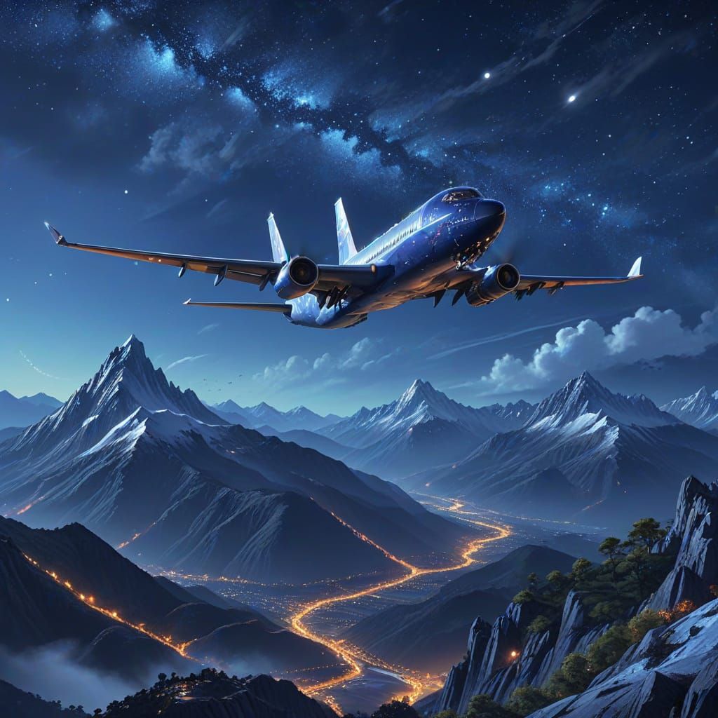 Anime Aeroplane Soaring Over Moonlit Alps in Watercolour