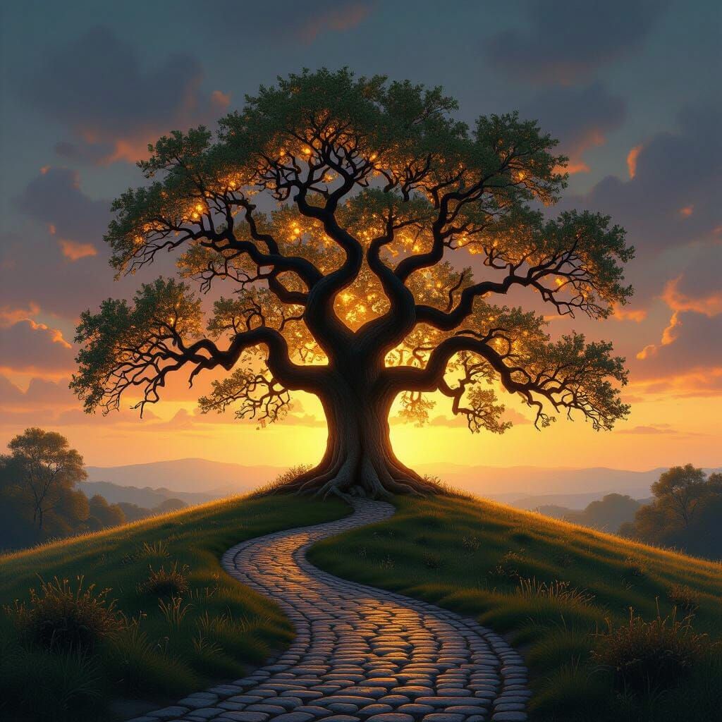 Glowing Oak Tree in Romantic Landscape