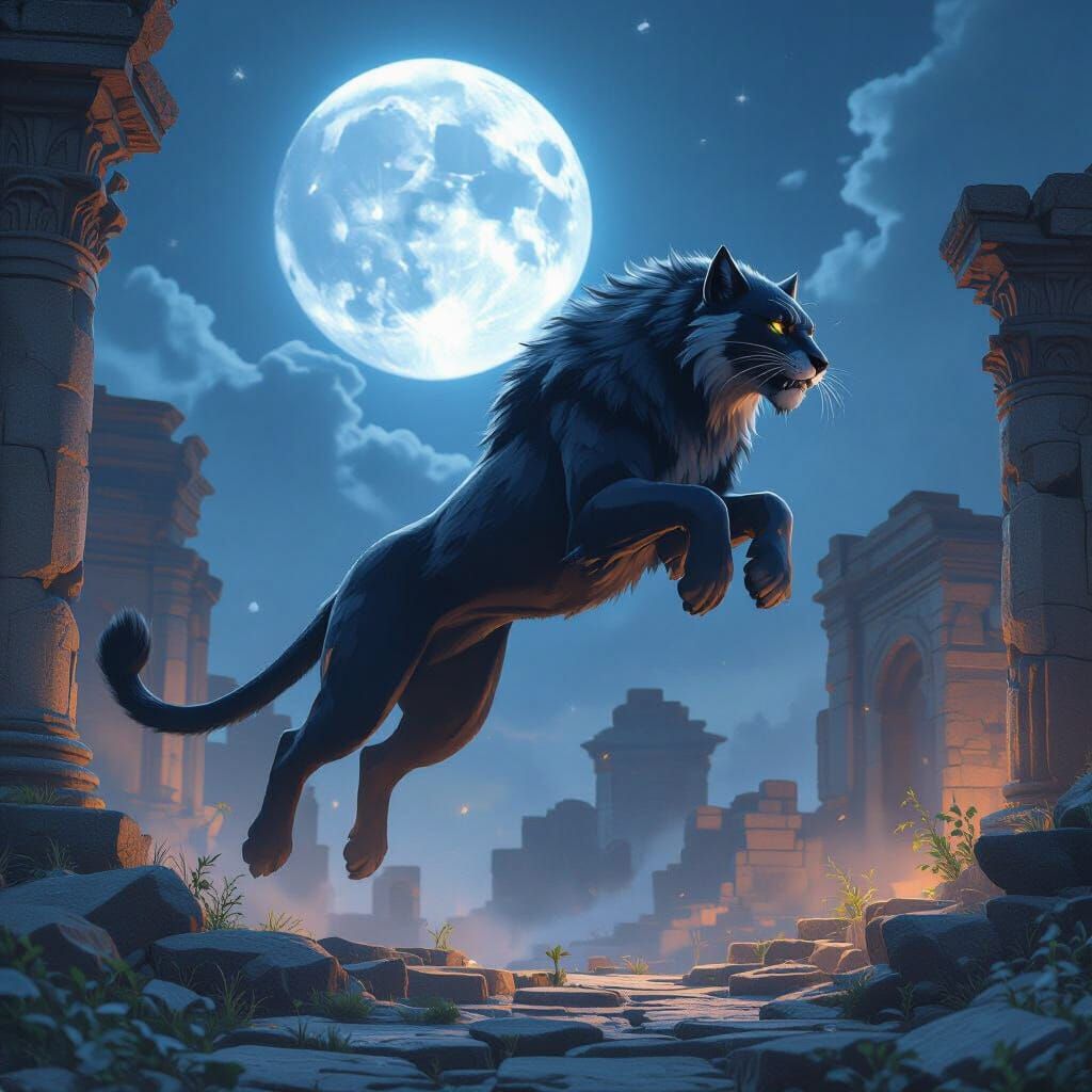 Fierce Jagwar Leaping Over Ruins in Ethereal Moonlight