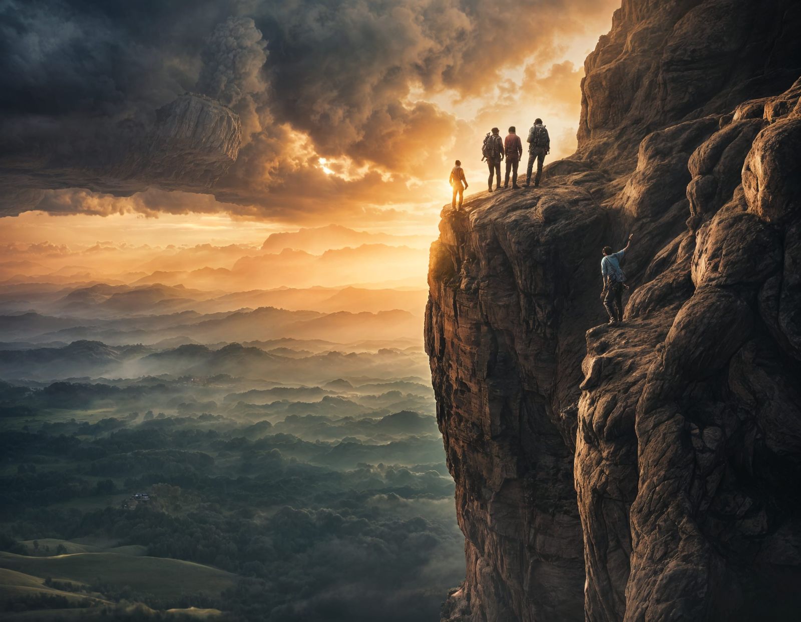 Adventurers Climb Cliff at Sunset: Epic Landscape