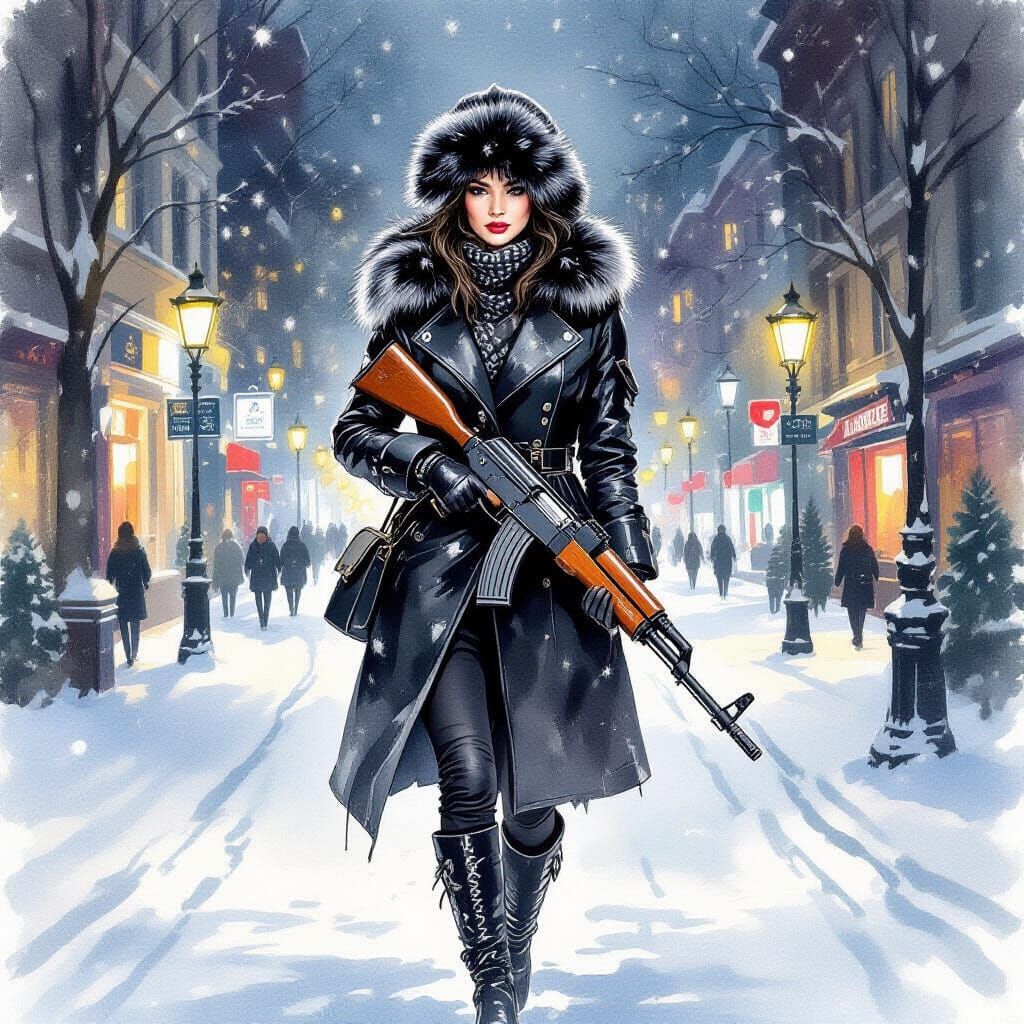 Woman with AK-47 in Snowy Vienna, Impressionistic Style