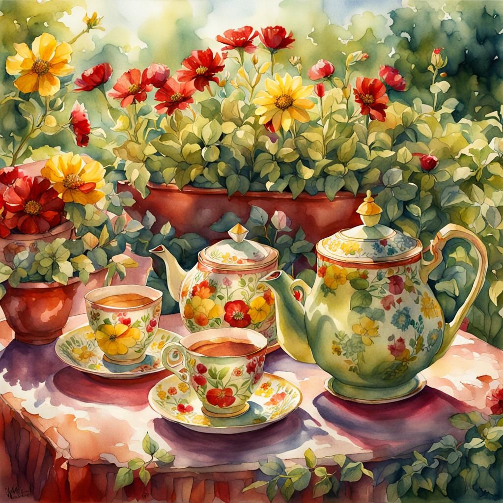 Sunny Garden Tea Party in Whimsical Watercolour