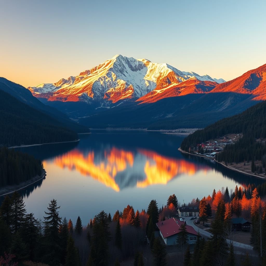 Golden Sunset Over Majestic Mountain Lake Landscape