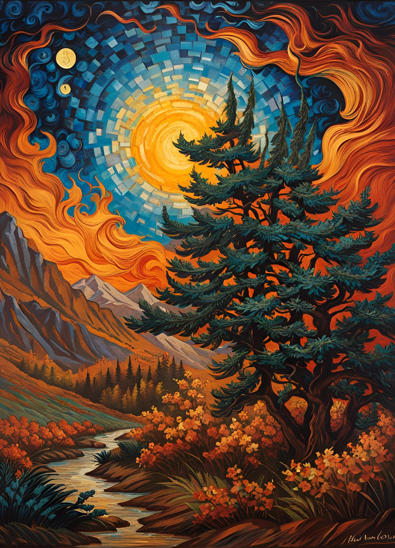 Evergreen Tree Mountains and Mosaic Sunset, impasto