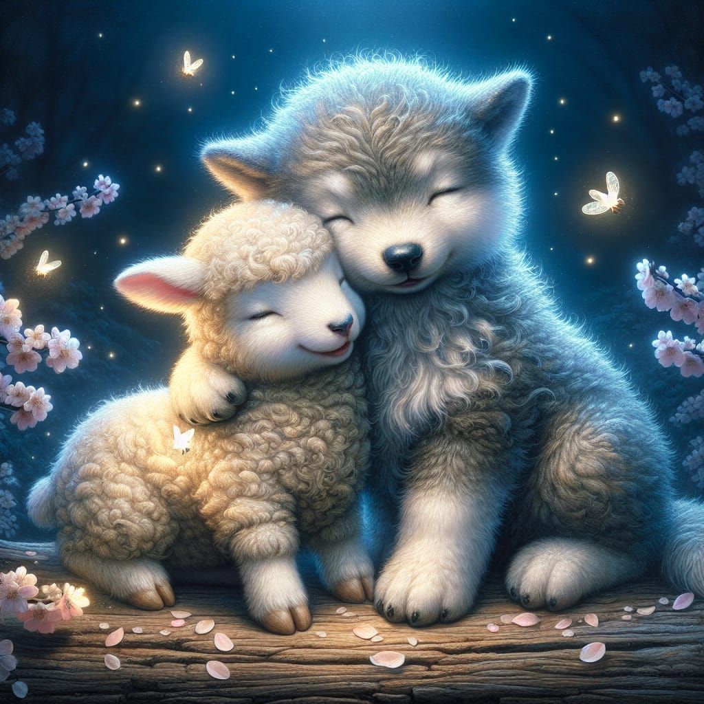 Charming Baby Sheep and Wolf Hug in Mystical Scene