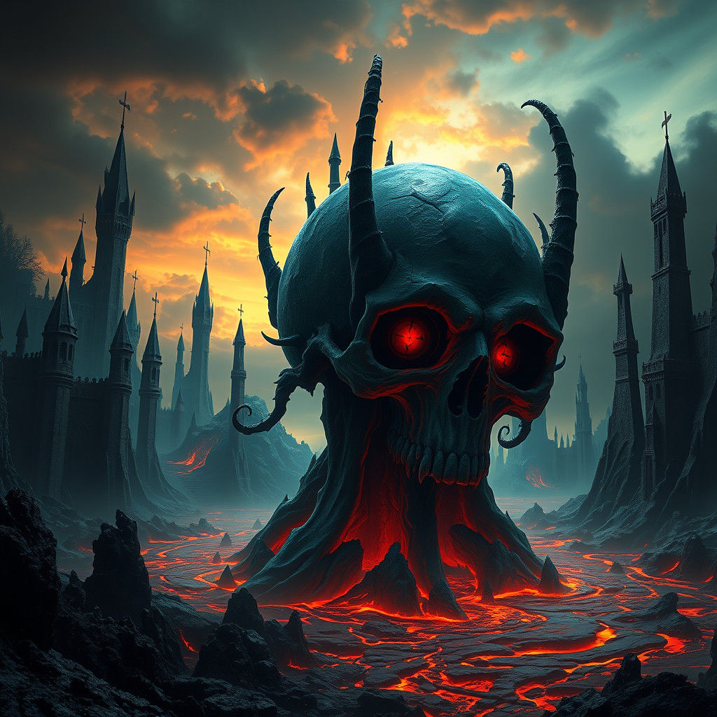 Mystical Hell Kingdom: Gothic Spires and Demonic Skull