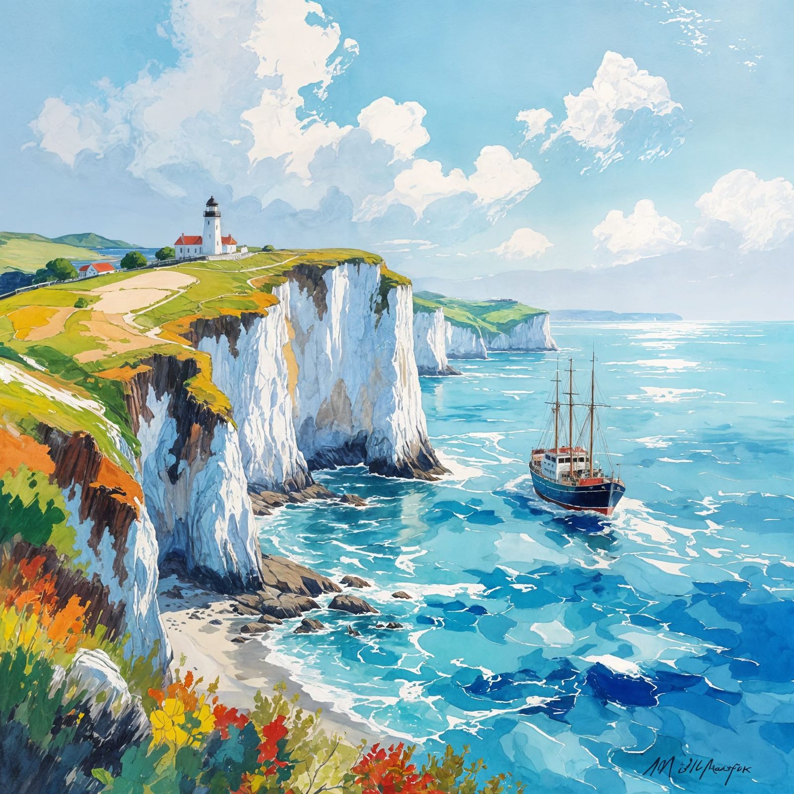 Ocean View with Cliffs in Gouache Impressionist Style