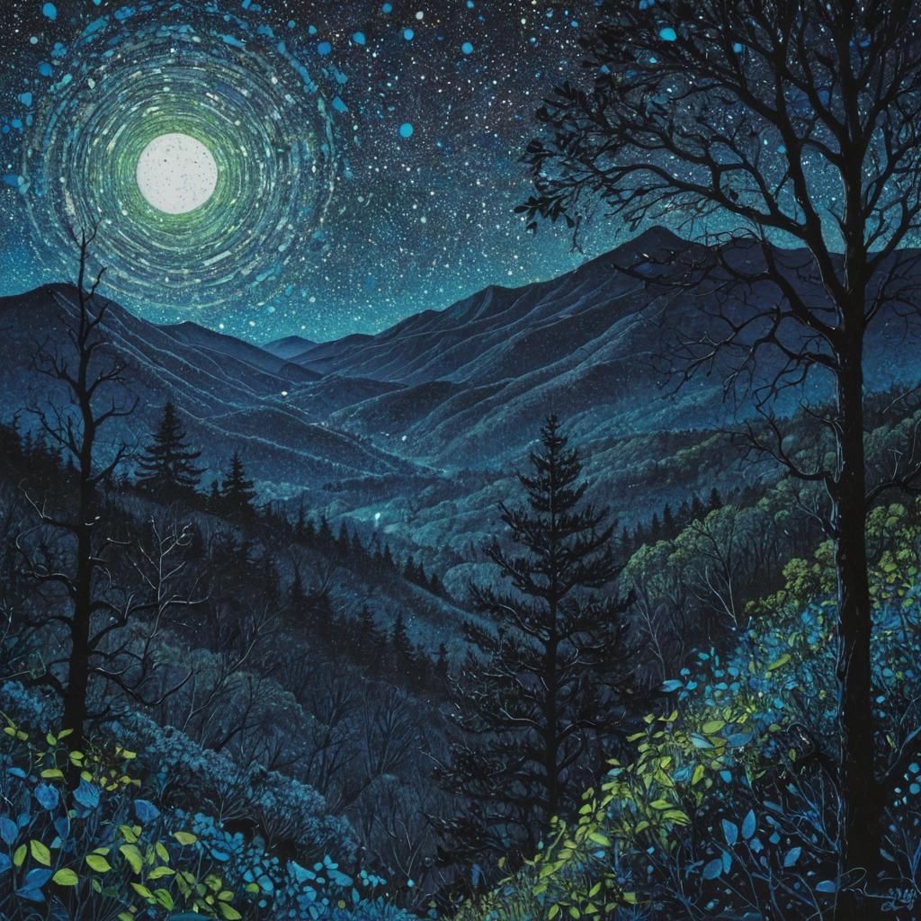 Blue Ridge Parkway: Whimsical Bioluminescent Pointillism