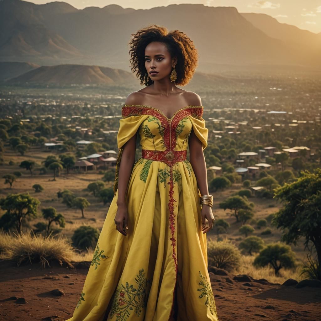 Ethiopian Model in Royal Gown at Sunset