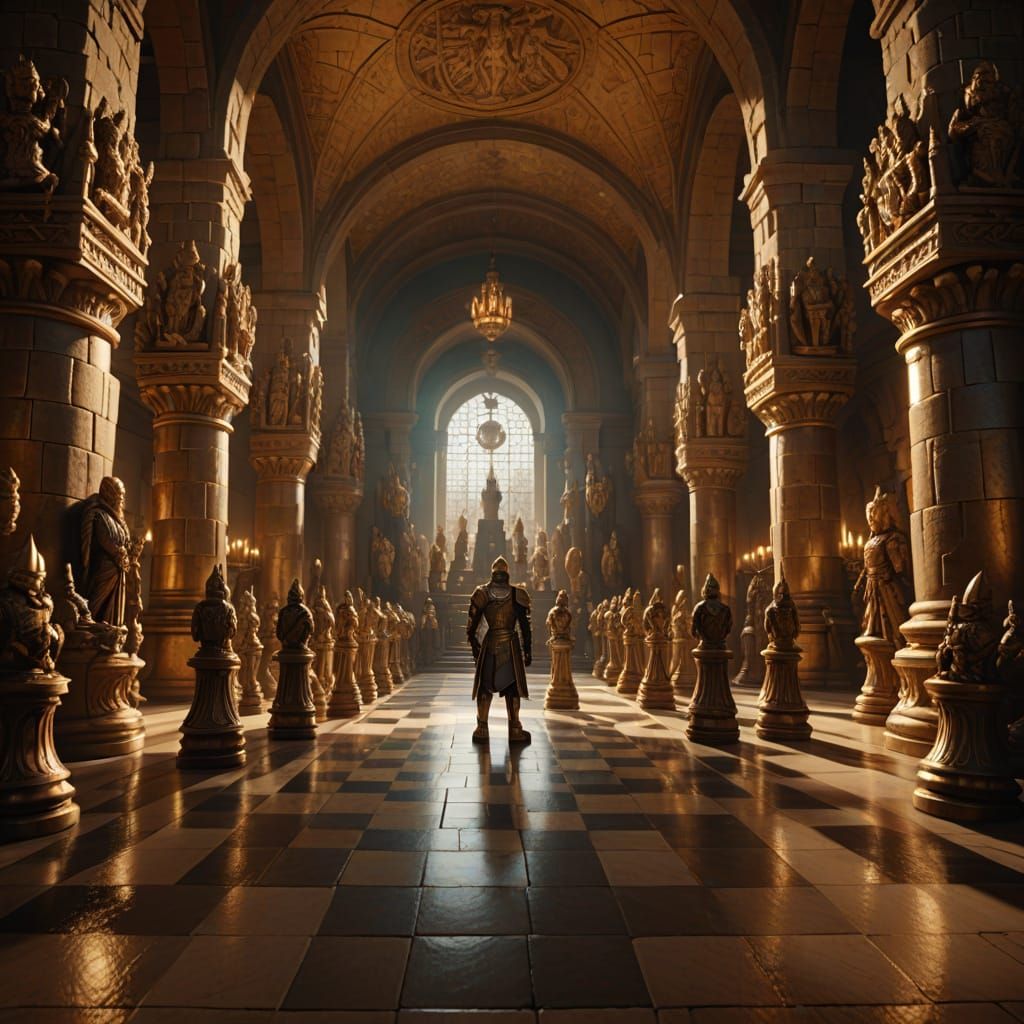 Giant Chess Hall with Armored Figures: Fantasy Art