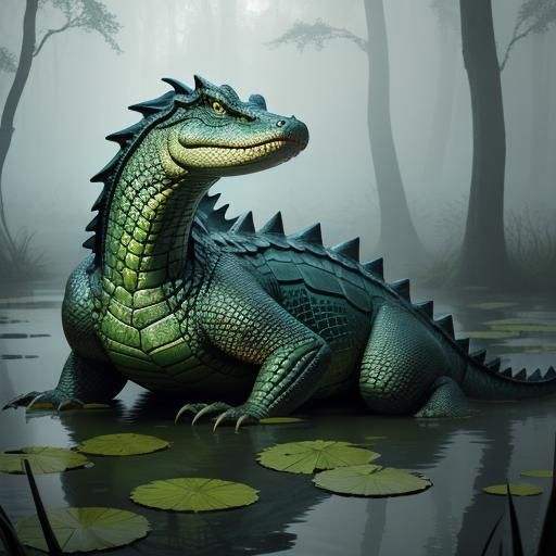 Alligator in Misty Swamp with Glistening Emerald Scales