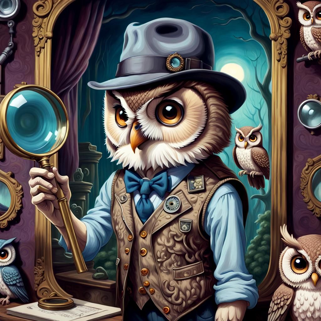 Owl Detective Investigates Crime Scene in Film Noir