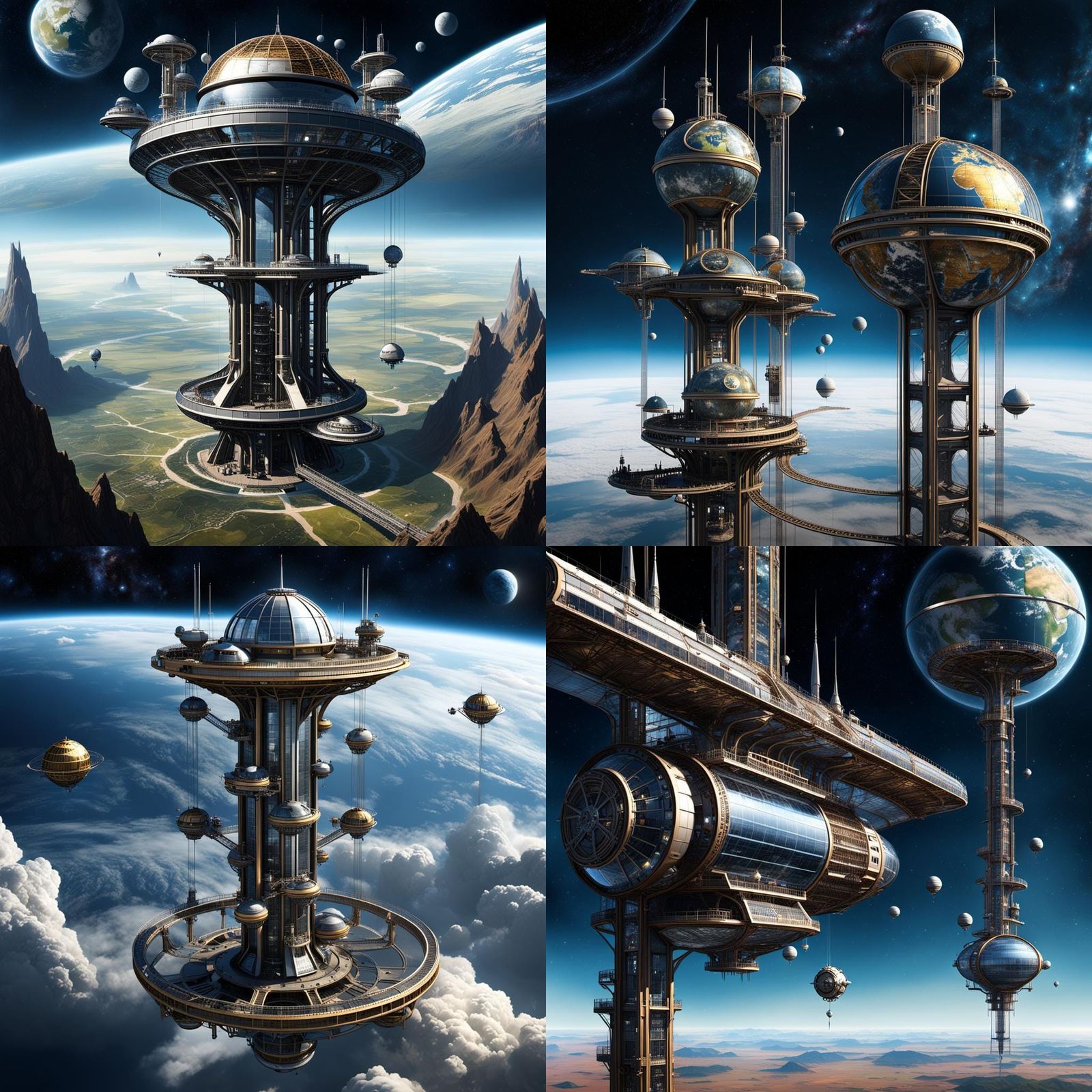 Futuristic Steampunk Space Elevator in Orbit