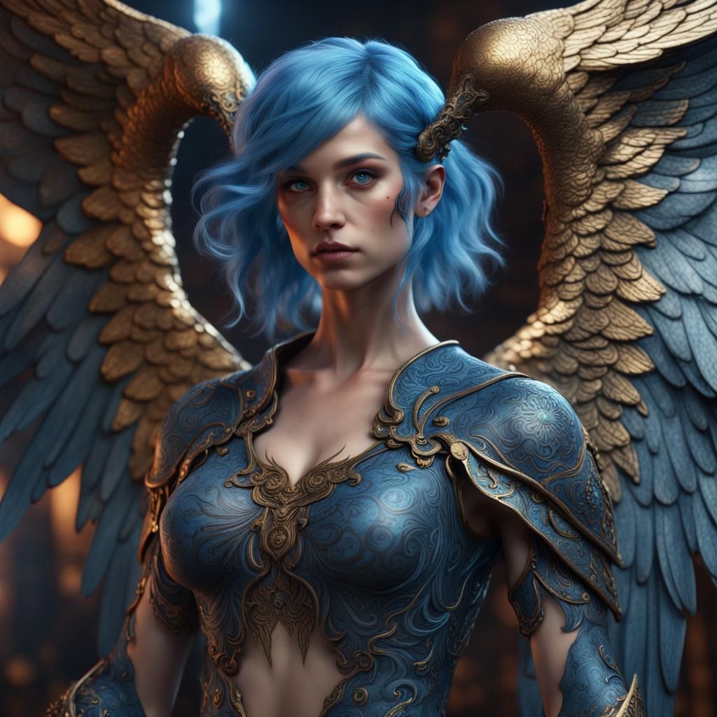 Blue-Haired Angel in Detailed Digital Painting
