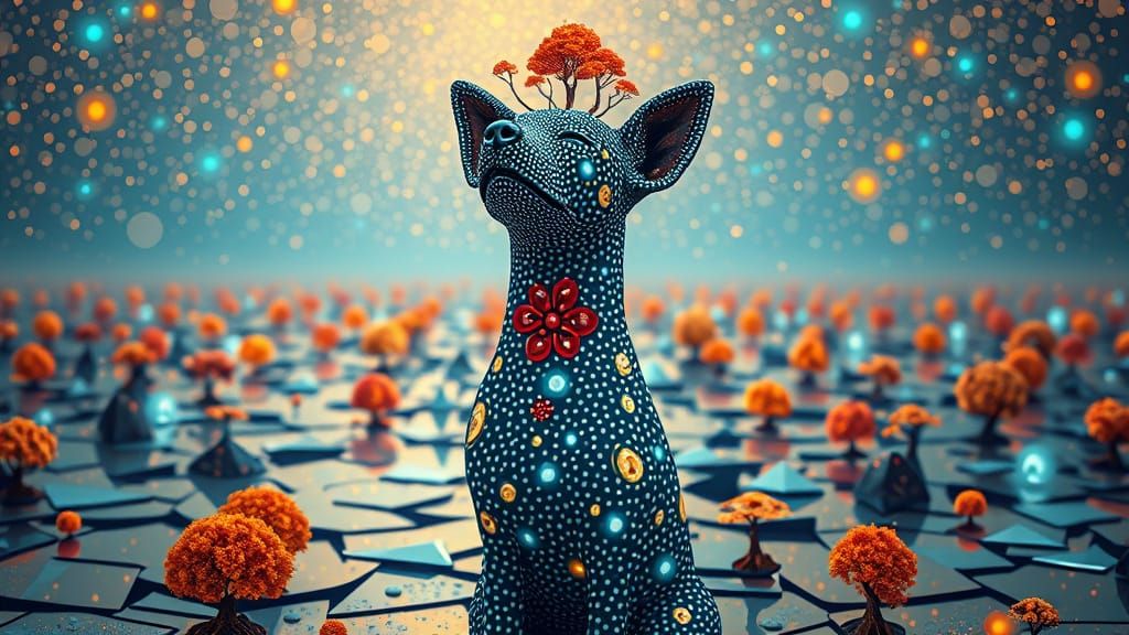 Surreal Dog Blends Nature and Whimsy in Dazzling Dots Landsc...