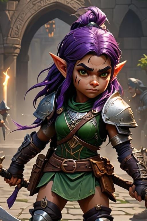 Gnome Rogue Barbarian with Short Swords, Dark Fantasy Art