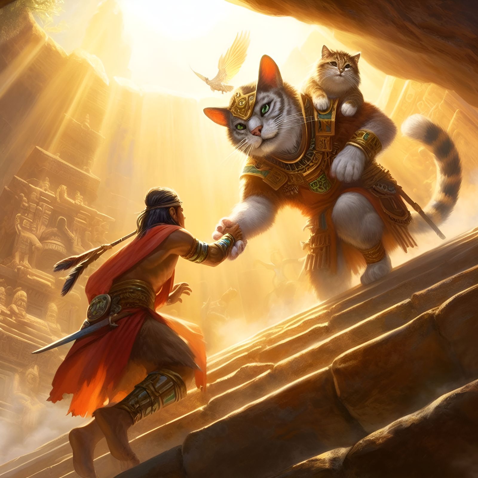 Fierce Cat Helps Aztec Warrior Climb Ruins