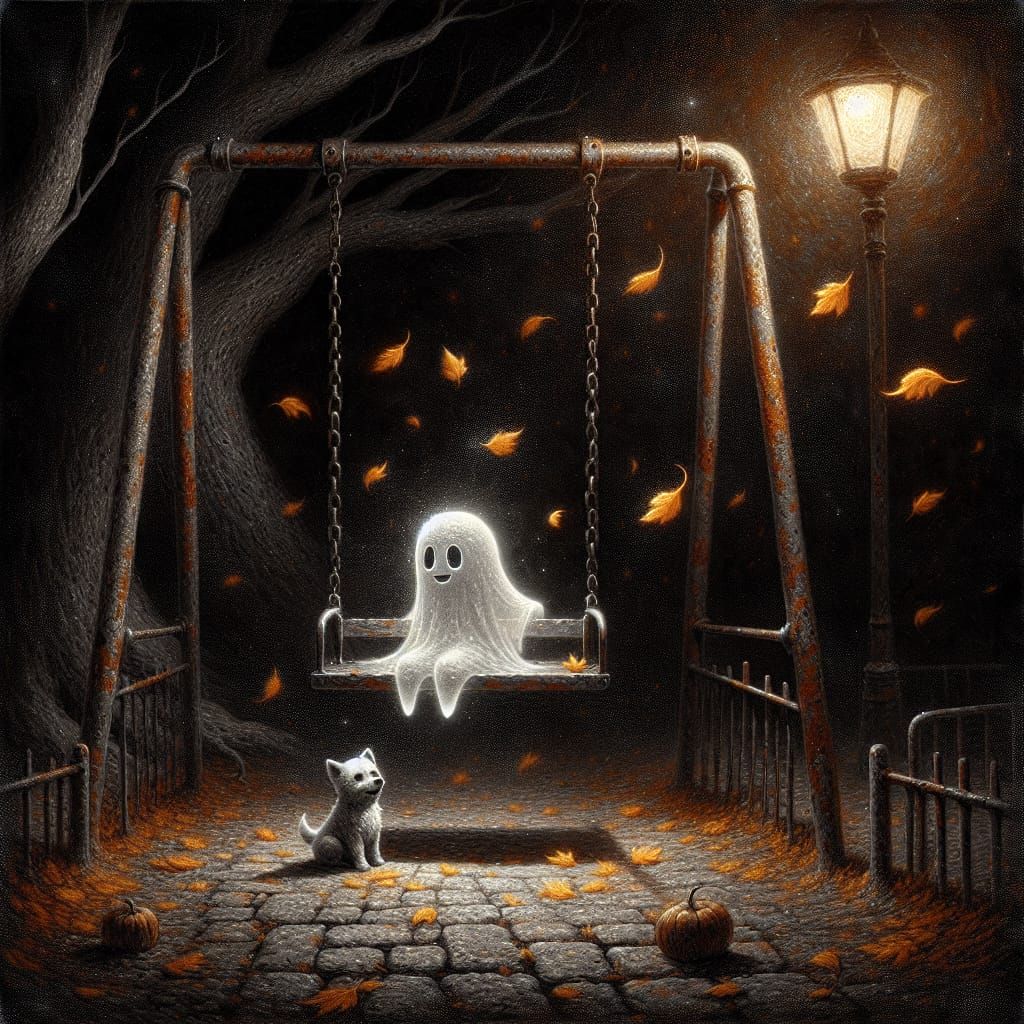 Ethereal Chibi Ghost in Gritty Autumn Playground