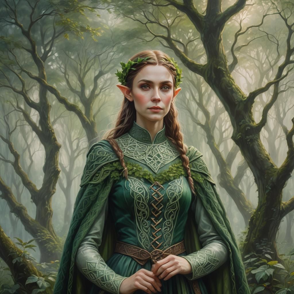 Celtic Elf Portrait in Misty Forest Glade
