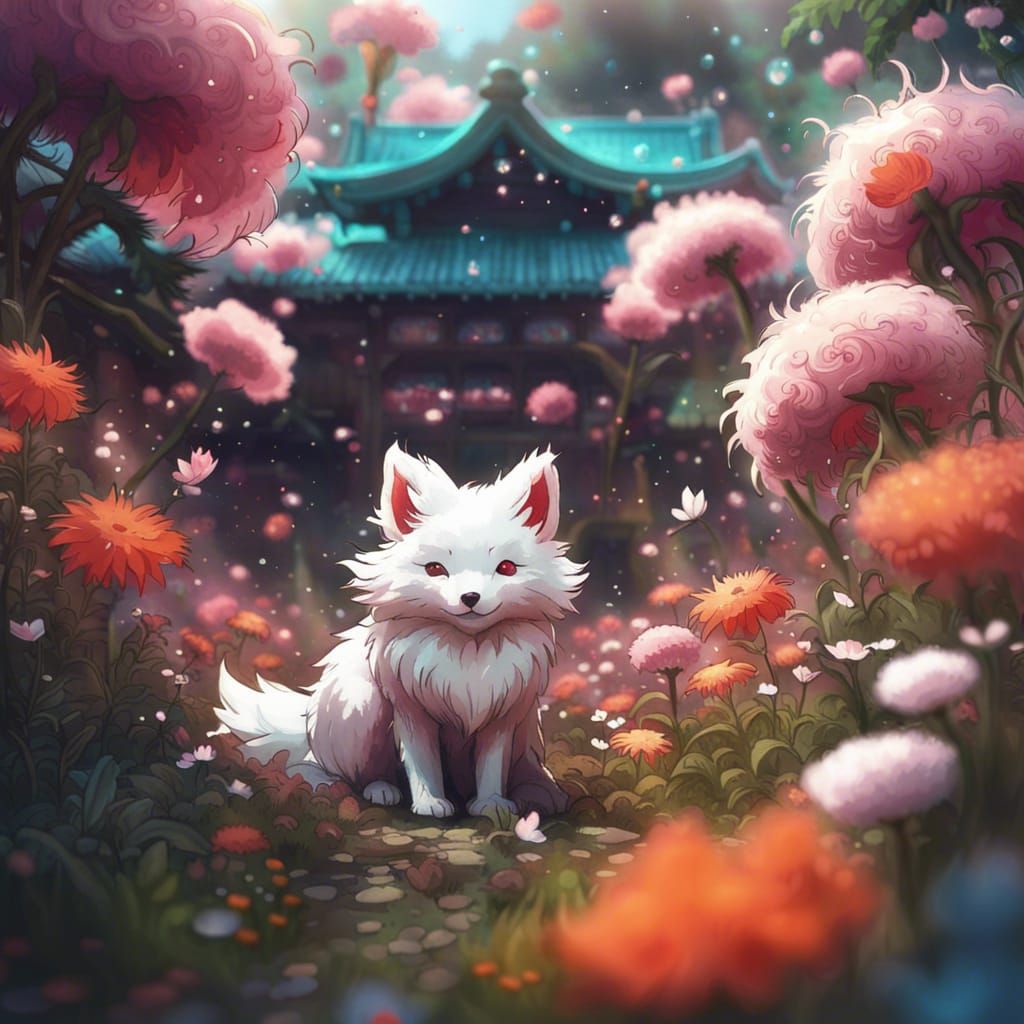 White Kitsune in flowerland