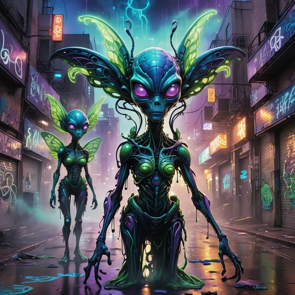 Sci-Fi Graffiti Art of a Two-Headed Alien
